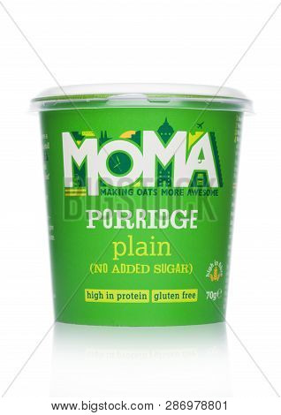 London, Uk - March 01, 2019: Cup Of Moma Porridge With No Added Sugar And Gluten Free On White.