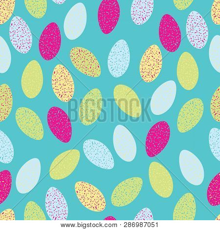 Colorful Textured Easter Eggs On Turquoise Background Seameless Pattern.