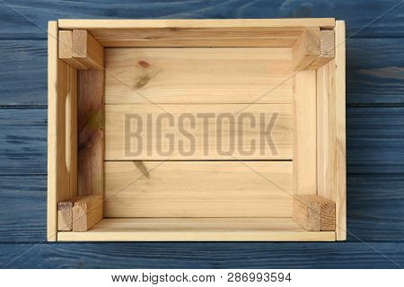 Empty Wooden Crate On Color Background, Top View