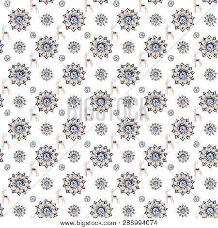 Fractal Blue Flowers And Antilopa. An Elegant Bright Illustration With Flowers. India Style. Pattern