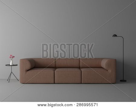 Minimal Style Living Room 3d Render,there Are Gray Floor And Wall,funished With Red Brown Fabric Sof