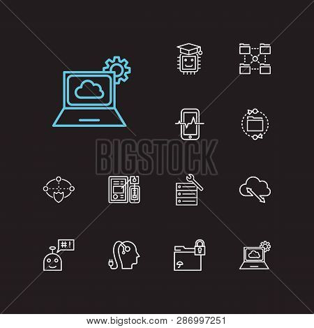 Tech Icons Set. Machine Learning And Tech Icons With Mobile Traffic, Ai Robot And Data Transfer. Set