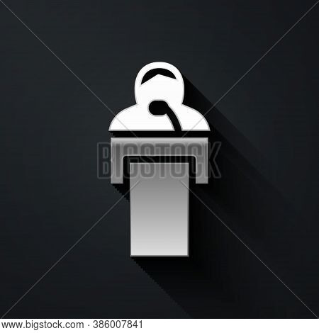 Silver Gives Lecture Icon Isolated On Black Background. Stand Near Podium. Speak Into Microphone. Th