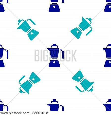 Blue Coffee Maker Moca Pot Icon Isolated Seamless Pattern On White Background. Vector