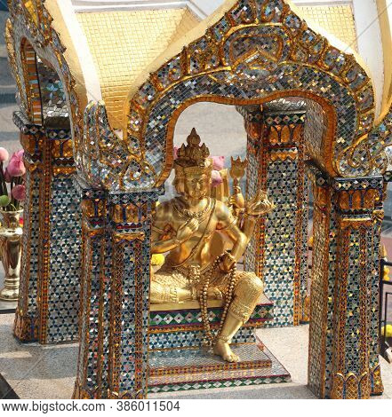 Golden Hindu God Brahma Statue Be Enshrined On Altar. Beautiful Indian Religion Traditional Lord Scu