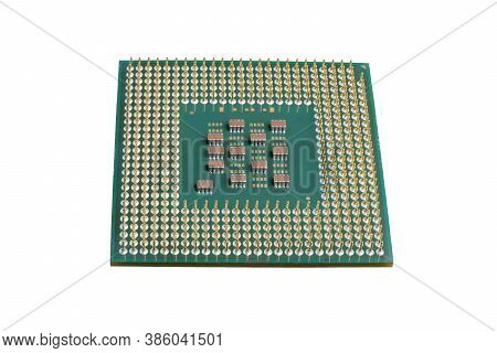 Photo Of A Cpu Chip Isolated On A Blue Background . Microprocessor, Central Processing Unit. Compute