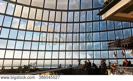 The Large Glass Facade Of A Spherical Museum Perlan In Reykjavik. Attraction Number 1 In Reykjavik. 