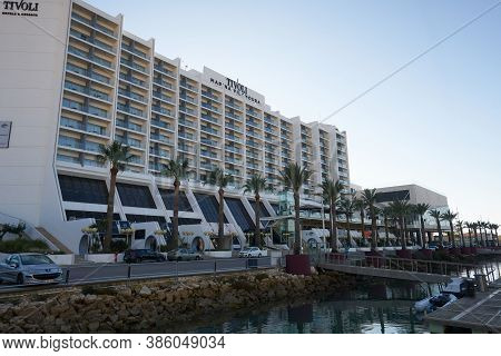 Vilamoura, Portugal - January 27, 2019: Vilamoura Tivoli Hotel In Vilamoura Marina With Palm Trees, 