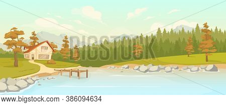 Residence In Fall Woods Flat Color Vector Illustration. Rural Home Near Lake. Residence Cottage In A
