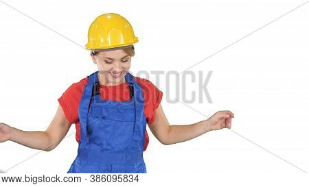 Woman In Construction Helmet Dancing On White Background.