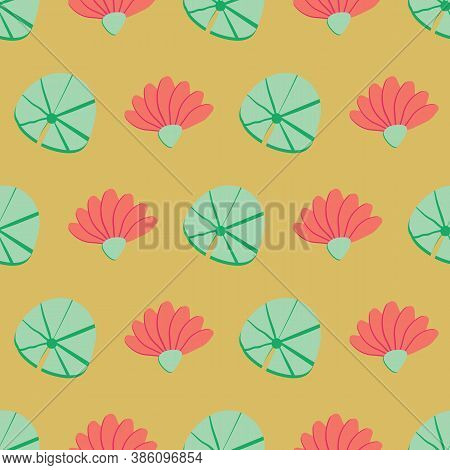 Lotus Flowers And Leaves Seamless Vector Pattern On Yellow. Surface Print Design For Fabrics, Statio