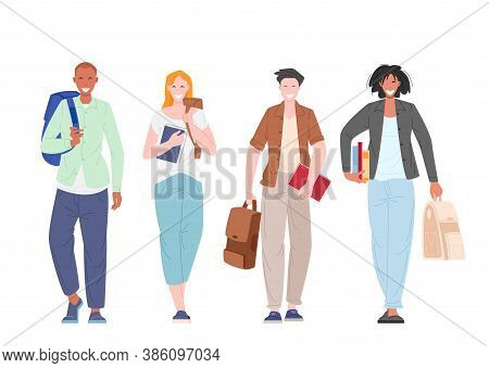 Group Of Multicultural Students Walking Holding Books And Backpacks Flat Vector Illustration. Happy 