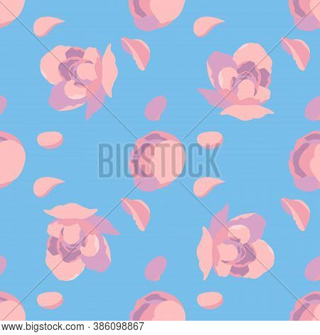 Seamless Pink Rose Flowers On Baby Blue Background Floral Pattern