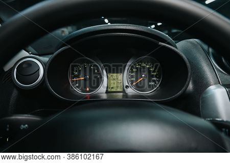 Novosibirsk, Russia - September 19, 2020: Lada Granta,car Dashboard With White  Backlight: Odometer,