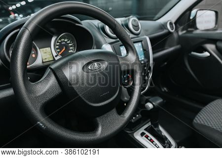 Novosibirsk, Russia - September 19, 2020: Lada Granta, Auto Interior: Steering Wheel With  Logo    A