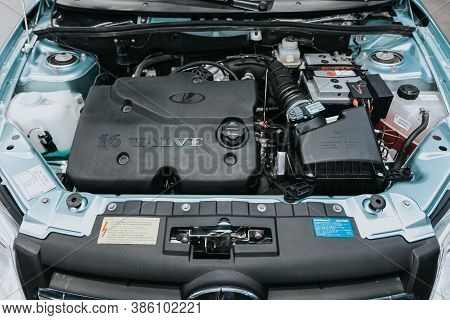 Novosibirsk, Russia - September 19, 2020: Lada Granta, Car Engine Close-up. Internal Combustion Engi