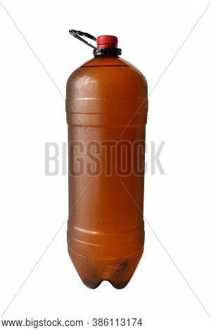 Brown Plastic Bottle Isolated On White Background. Large Bottle, Three Liters.