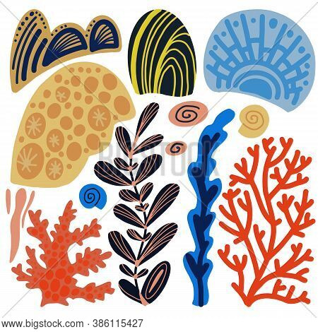 Sea Corals Cartoon Set. Simple Hand Drawn Elements.