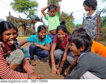 District Katni, India - January 01, 2020: Asian Poor Village Children Playing Together At Fresh And 