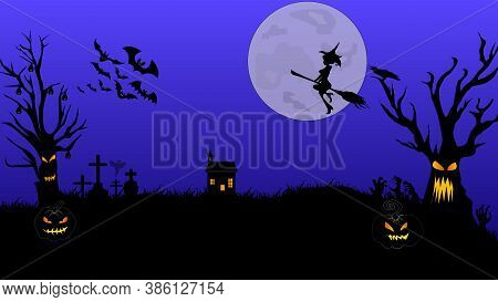 Halloween Pumpkins And Castle Illustration. Halloween Night Celebration. Style Composition Backgroun