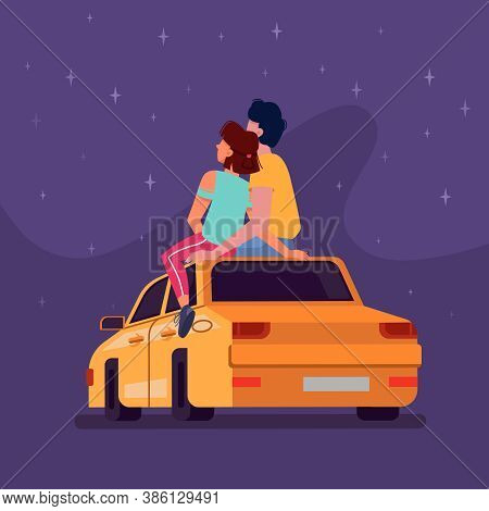 Couple Sitting On Car Roof At Night Looking At Stars In Sky, Flat Cartoon Background. Young Man Boy 