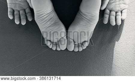 Uttitha Balasana Happy Child's Pose, Iyengar Yoga Relaxing Asana In The Studio, Details Of Legs And 