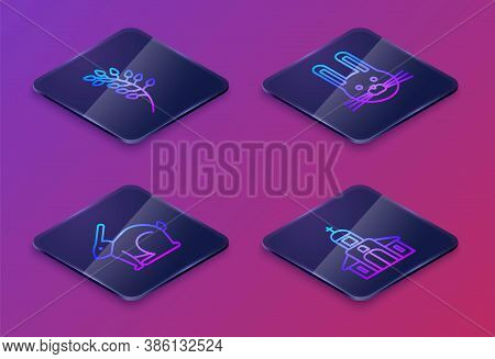 Set Isometric Line Willow Leaf, Easter Rabbit, Easter Rabbit And Church Building. Blue Square Button