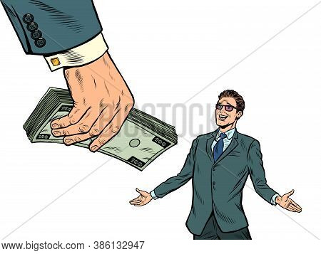 Businessman And Money. Financial Bonus. Lottery Or Winnings. Pop Art Retro Vector Illustration Kitsc