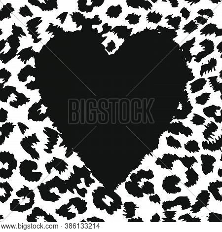 Continuous Design With A Black Heart On An Animal Print Background. Textile Design In Black Leopard 