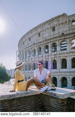 View Of Colosseum In Rome And Morning Sun, Italy, Europe