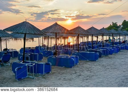 Sunset On Akti Koviou Beach On Sithonia Peninsula, Chalkidiki, Greece