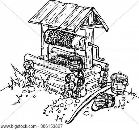 Sketch Of The Contour Of An Old Wooden Well With Buckets And A Rocker And A Woodpile, Made With A Ge