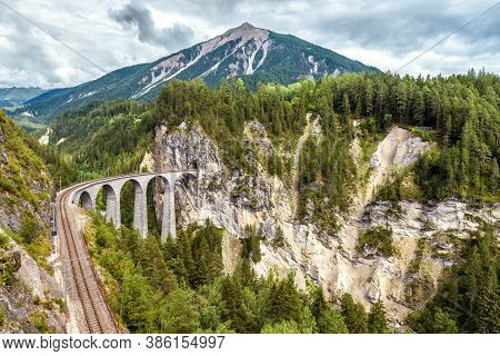 Mountain Landscape With Landwasser Viaduct, Filisur, Switzerland. This Place Is Landmark Of Swiss Al
