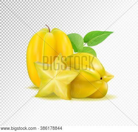 Karambola Star Fruit With Slices And Leaves On A Transparent Background. Realistic Vector Illustrati