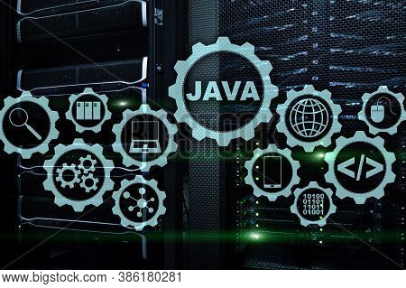 Java Programming Concept. Virtual Machine. On Server Room Background.
