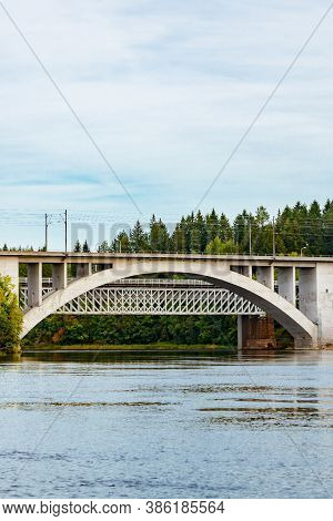 Autumn Landscape Of Bridge And Kymijoki River Waters In Finland, Kouvola, Koria