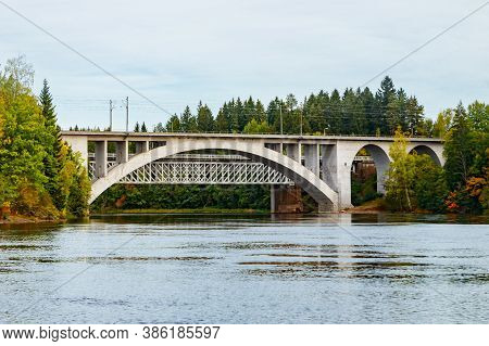 Autumn Landscape Of Bridge And Kymijoki River Waters In Finland, Kouvola, Koria