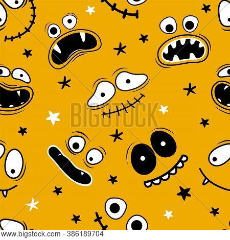 Seamless Pattern Happy Halloween. Scary And Funny Smiling Faces Of Halloween With Jaws, Teeth And Op