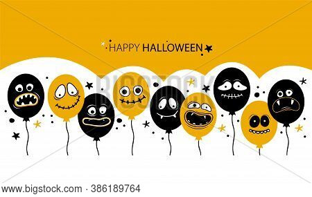 Horizontal Banner Template For Happy Halloween. Balloons With Creepy Faces, Jaws, Teeth And Open Mou