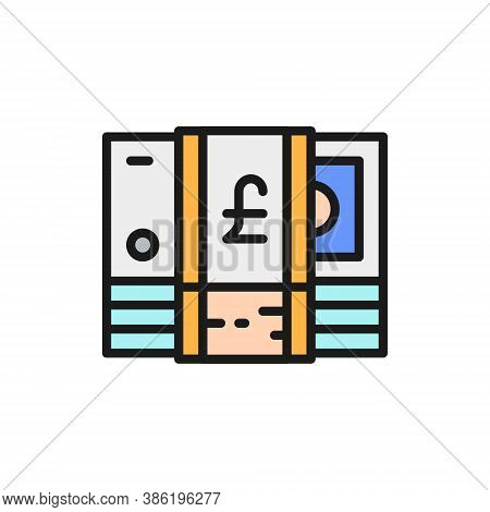 Stack Of English Pound, Gbp, British Currency, Money Flat Color Line Icon.