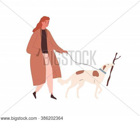 Woman In Autumn Coat Walking With Pet On Leash Vector Flat Illustration. Female Strolling On Street 