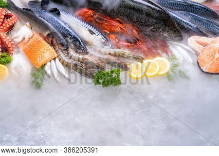 Top view of variety of fresh luxury seafood, Lobster salmon mackerel crayfish prawn octopus mussel and scallop, on ice background with icy smoke in seafood market. Photo With Copy space.