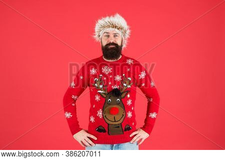 Christmas Party Time. Cold Weather Fashion For Men. Happy New Year. Bearded Man On Red Wall. Funny M