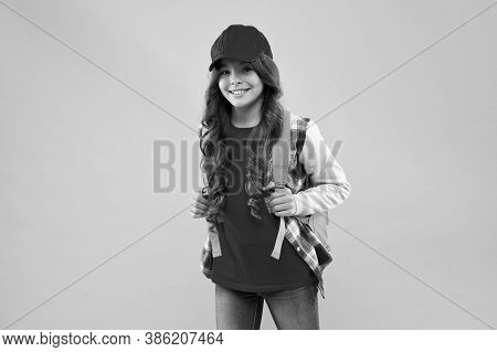 Back To School Is Here. Happy Child Carry Backpack Pink Background. Little Girl Back To Learning. Ba