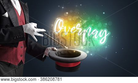 Magician hand conjure with wand and Overpay inscription, shopping concept