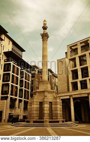 LONDON, UK - SEP 27: Paternoster Square Column in financial district on September 27, 2013 in London, UK. London is the world's most visited city and the capital of UK.