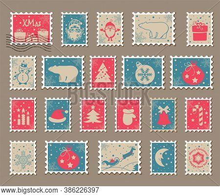Christmas Postage Stamps With Santa Claus, Snowman. Vector Illustration