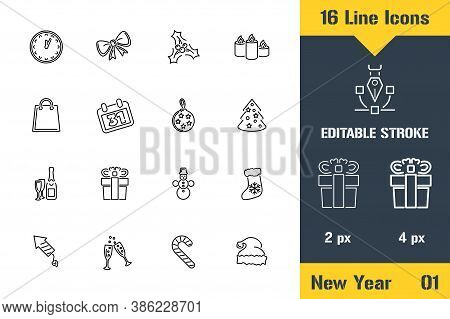 Happy New Year, Merry Christmas. Thin Line Icon - Outline Flat Vector Illustration. Editable Stroke 
