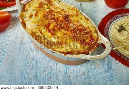 Gatto' Di Patate Con Ragu, Potato With Meat Casserole, Sicilian Cuisine, Traditional Assorted Italy 