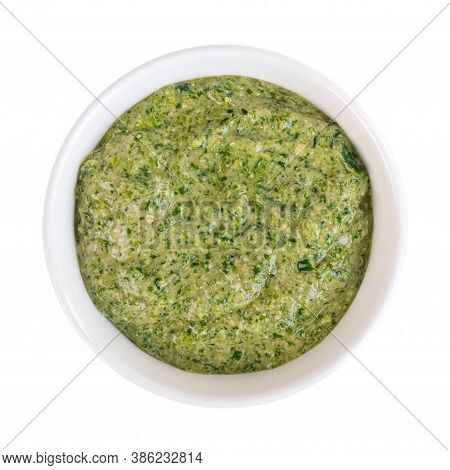 Hot Chili Pepper Paste. Green Sauce In The Ceramic Bowl Isolated On White Background. Adjika